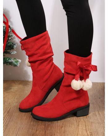 Christmas Pompom Decor Plus Size Faux Suede Slouchy Boots